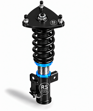 A high-performance coilover suspension component with a black anodized finish, featuring bright blue accents on the inner tube and a silver metallic spring section. The brand logo 'RS Suspension' is clearly visible on the mounting bracket and top plate.