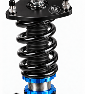 Close-up of a black coilover suspension spring with a black top plate featuring silver bolts and a white RS Suspension logo, and a blue anodized bottom section with silver metal threads, on a white background.
