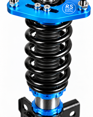 Close-up of a suspension coilover shock absorber featuring a black coil spring, a bright blue anodized top and bottom hardware, and silver metal components, with an 'RS Suspension' logo on the top plate.